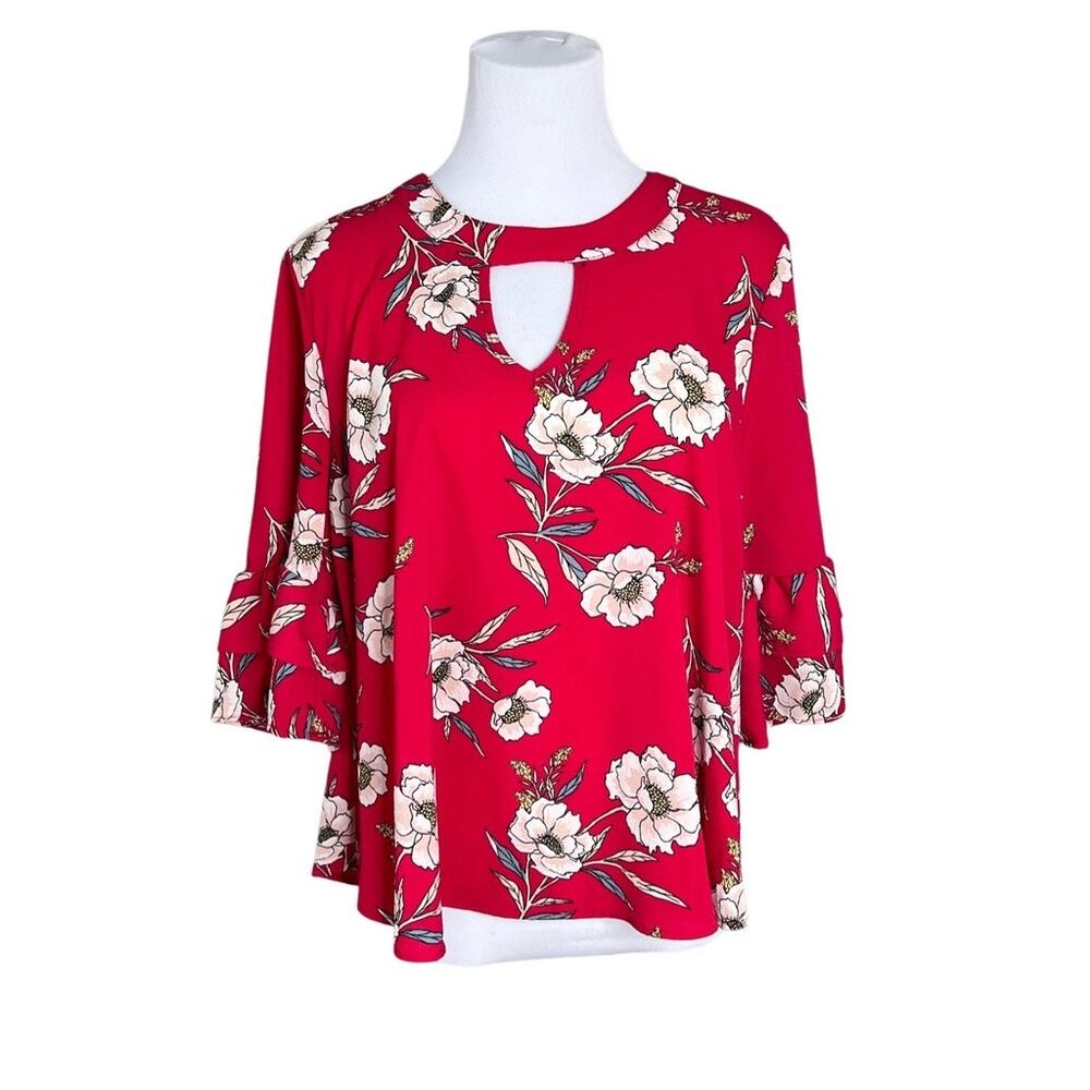 URBAN Romantics Red Floral Swing Blouse LARGE‎ Keyhole Neck Ruffle Sleeves NWOT